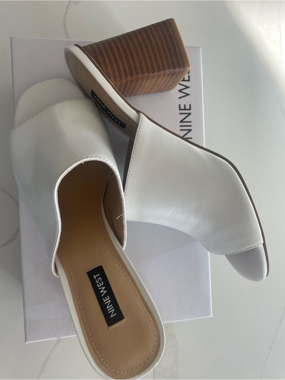 Nine West White Leather Open-Back Block Heel Mules